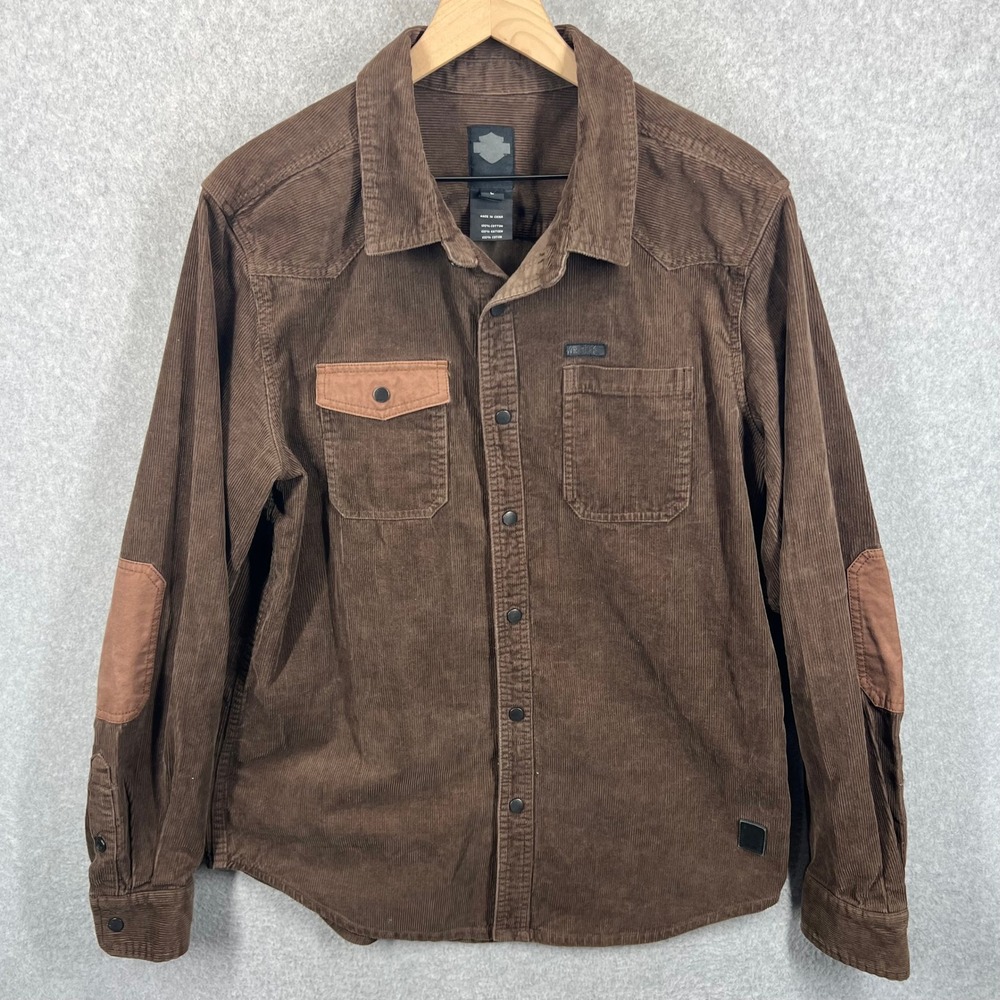 Harley-Davidson Corduroy Button Up Men L Brown Vintage 90s Y2K Elbow Patch EUC